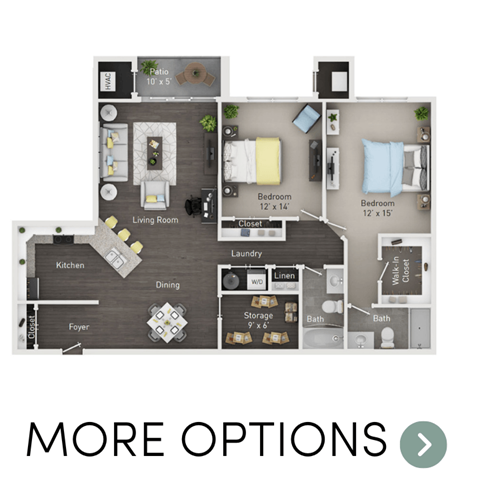 Floor plan for 2 beds, 2 baths, 1340 sqft